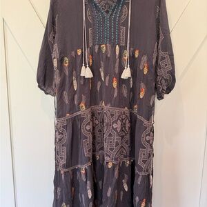 Johnny Was Brown Sundress with Bishop Sleeves